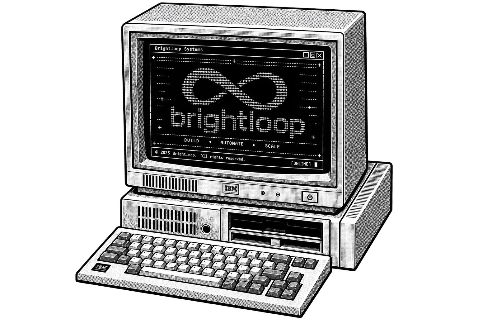 Ordenador de los años ochenta con el logotipo de Brightloop en pantalla